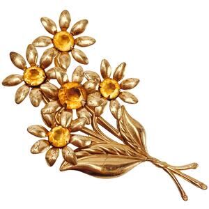 Large 4" Vintage 1940s Gold Tone Floral Spray Brooch With Amber Glass Stones